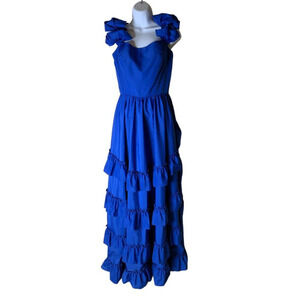 Vintage 1970s Gown Dress Victorian Indigo Blue Ruffles Tiered Prom Union Made